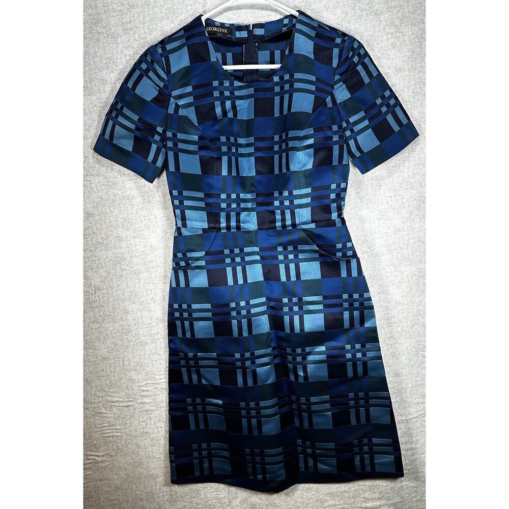 GEORGINE 2015 Blue Plaid Sheath Dress Sz 2 EUC Pockets Zipper Back